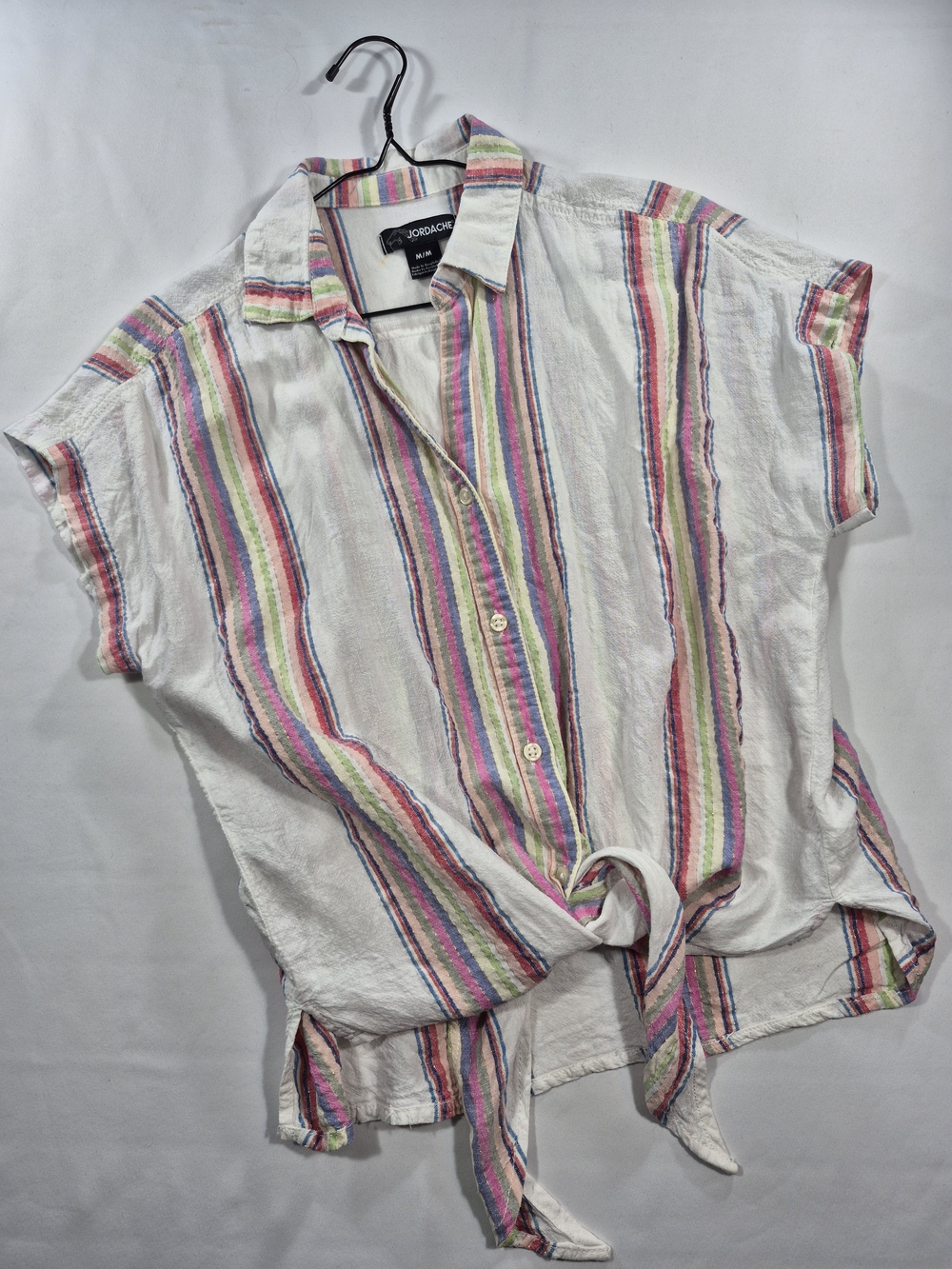Jordache White Button-Front Tie Shirt with Pink, Green & Blue Stripes